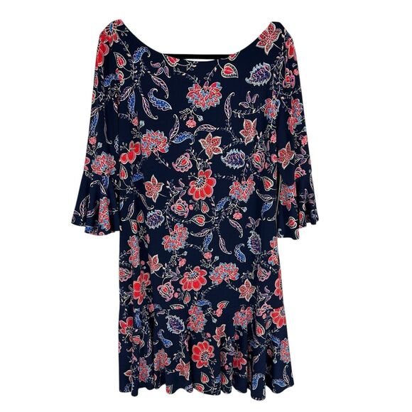 NEW Eliza J Navy Pink Floral 3/4 Bell Sleeve Exposed Zipper Knit Shift Dress 18 - Picture 1 of 10